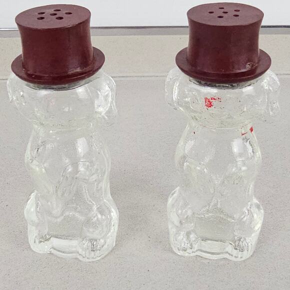 VTG pair glass salt and pepper shakers dogs in top hats - Picture 1 of 6